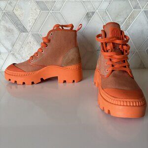 Tory Burch Size 7M Orange High Top Logo Suede Rubber Camp Sneaker Boot Canvas